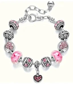 Euro Style Multi Bead & Charm Fashion Bracelet Pink and silver gift - Picture 1 of 2
