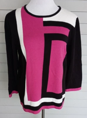 Alfred Dunner Women's Medium Color Block Sweater Black Pink White 3/4 Sleeve - Image 1 of 4
