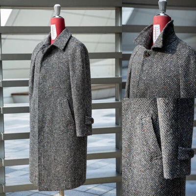 Men Long Overcoat Gray Herringbone Wool Blend Coat Winter Business Outwear - Image 1 of 4