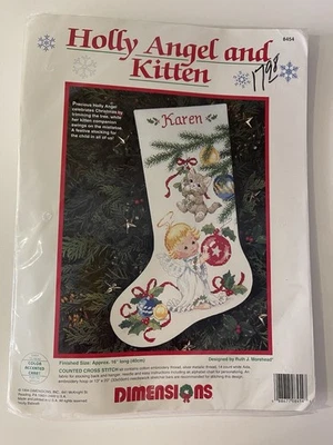 DIMENSIONS COUNTED CROSS STITCH 1994 HOLLY ANGEL AND KITTEN 16" STOCKING NIP - Image 1 of 3