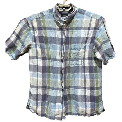 Camisa Van Heusen Hombre Talla L Azul Verde Cuadros Mangas Cortas Lino Lavable  Foto 1 de 4