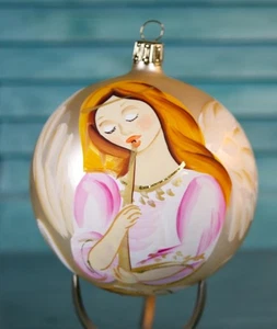 Ornamento sfera vetro dipinto a mano 4" oro rosa angelo musicista corno glitter con scatola - Foto 1 di 11