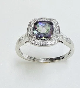 14k Solid White Gold Mystic Fire Topaz & Diamond Woman’s Ring Size 7 - Picture 1 of 8