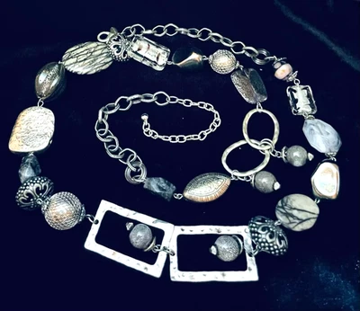 Chico’s 41” Necklace Belt Spider Jasper Metal Filigree Beads Glam Punk Gothic - Image 1 of 4