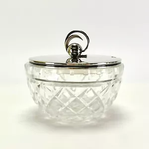 Vtg Danish MCM Crystal Jar Keepsake Box Silver pl. Lid Flower Bud Finial H Grun - Picture 1 of 12