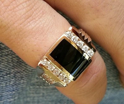 Anillo de oro amarillo macizo de 14 k de 0,30 quilates con diamantes naturales y ónix para hombre 2 filas Foto 1 de 4