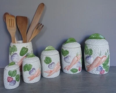 Lot Ensemble Série Bocaux Pots À Épices Cuisine Céramique Légumes Vintage - Photo 1/4