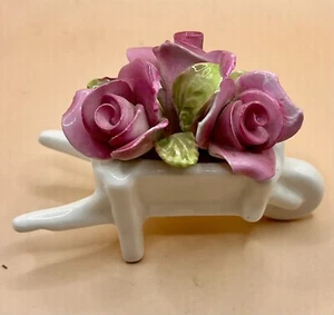Pink Roses China Figurine- Wheel Barrel Of Roses- Antique China Flower Statue - Picture 1 of 7