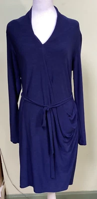 Alex & Ava by Komarov Size Large Blue Faux Wrap Belted V-Neck Long Sleeve Dress - Image 1 of 4