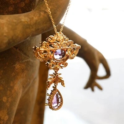 Vintage 14K Gold Pendant with Amethysts and 4 Carat Diamond Necklace and Pin - Image 1 of 4