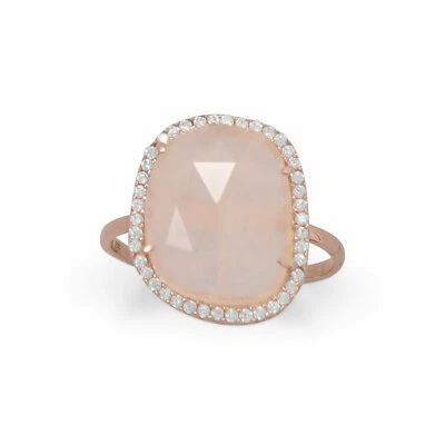 Rose-Gold-Plated Rose Quartz and CZ Halo Ring 925 Sterling Silver - Image 1 of 2