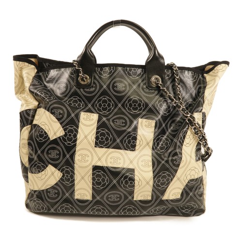 Borsa a tracolla CHANEL CC 2 vie in tela rivestita in PVC nero bianco