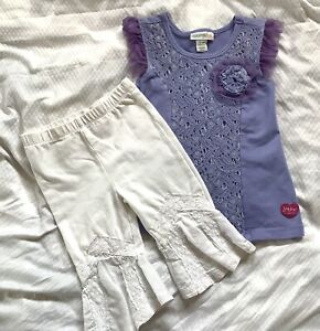 EUC NAARTIJIE Girl’s Purple Lace Top & White Lace Legging Pant Set Size 12-18 Mo