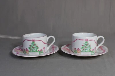 2 SANGO Cups & 2 Saucers, Home For Christmas Pattern, Pink Hearts, China - Image 1 of 4