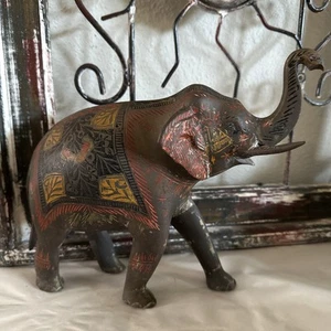 Tronco elefante vintage in ottone massiccio inciso e dipinto su India 9x11 - Foto 1 di 5