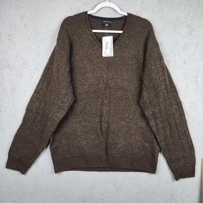 Nautica Sweater Mens 2XL Brown Heather V Neck Wool Blend Pullover Sail Logo - Image 1 of 4