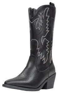 IUV Women’s Size 10 Black Leather Cowboy Cowgirl Boots Embroidered Pointy Toe - Picture 1 of 16