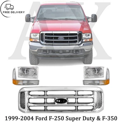 Front Grille Chrome & Headlight Kit For 1999-2004 Ford F-250 Super Duty & F-350 - Изображение 1 из 4