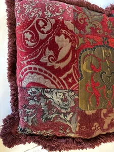 Burgungy tapestry fringed pillow zipper patchwork bohemian 2 of 3 pillows - Picture 1 of 3