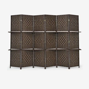 6 Folding Panel Room Divider 6' Weave Fiber Screen W/ 2 Display Shelves Brown - Picture 1 of 8
