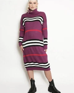 Moda Made In Italy Stripy Jumper Dress New Liquorice Knit Roll Neck One Size - Picture 1 of 9