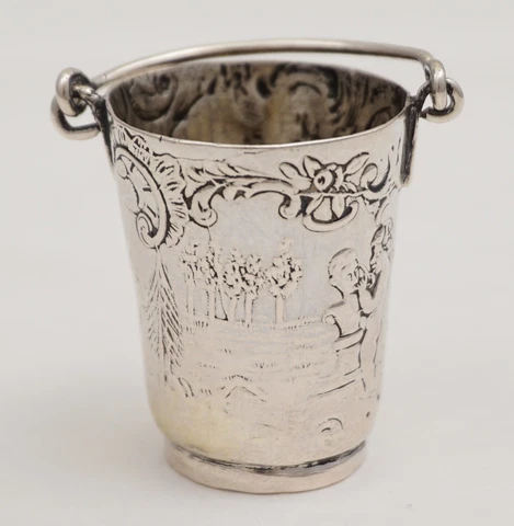 1¼" Hanau Silver Miniature Victorian Rococo Masonic Pail, Neresheimer, 34mm, 16g Cover