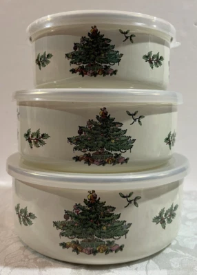 Spode Christmas Tree Metal Nesting Bowl Set with Plastic Lid Storage Set of 3 - Image 1 of 4
