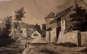 Antique Drawing Original Chantilly, Landscape, House, Village 19th century 1834 - Picture 1 of 8