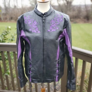 Xelement Ladies SMALL S Gemma Black Purple Leather Motorcycle Embroidered Jacket - Picture 1 of 24