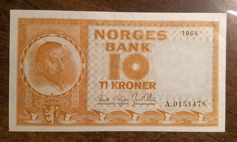 NORWAY 10 KRONER 1964 (P-31c.6) BROFOSS-OTTESEN PREFIX "A" AU-UNC! Cover