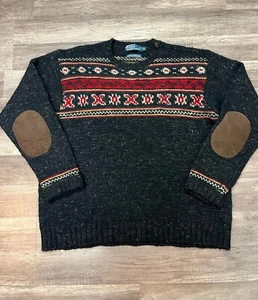 Polo Ralph Lauren Vintage Wool Linen Silk Fair Isle Elbow Patch Sweater Sz XL - Picture 1 of 9