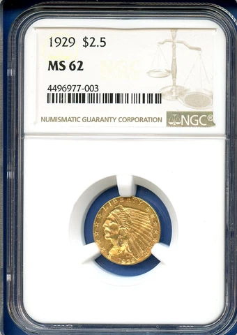 1929 NGC MS62 Gold $2.50 Indian Head Quarter Eagle US Mint Coin 1929 MS-62 Cover