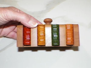 VINTAGE BAKELITE OCTOGON SHAPE GAME CHIPS IN WOODEN CARRIER - Picture 1 of 12
