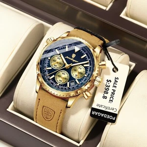 POEDAGAR Quartz Waterproof Chronograph Luxury Men’s Watch With Leather Strap - Picture 1 of 30