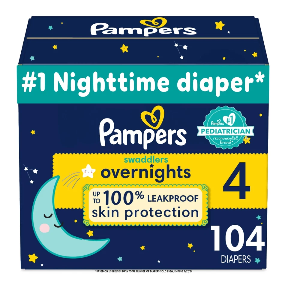 Pampers Swaddlers Overnight Size 4 Diapers 50 More Absorbent Zones Leak Prote...