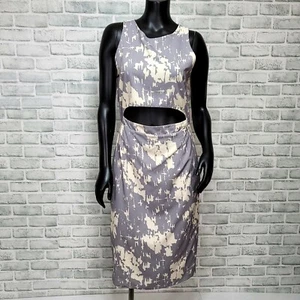 Karen Zambos Size M Rhys Grey Ivory Printed Crepe Cutout Sheath Dress - Picture 1 of 12