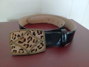 Oscar De La Renta Animal Print Buckle Blac Patent Leather Belt Size Medium - Picture 1 of 4