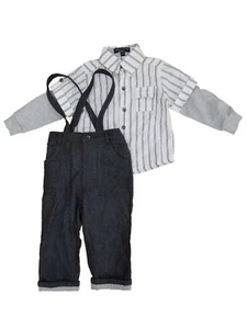 Infant Boys Dress Up Outfit Striped Woven Shirt & Pants with Suspenders - Picture 1 of 1