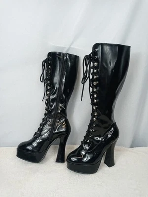 Ellie готики платформе ботинки женщин 7 черный патент шнурует вверх коренастый Y2K панк 18» высотой - Изображение 1 из 4