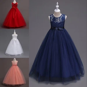 Elegant Girl Children's Princess Dress Bow Lace Cake Kaftan Party Banquet Gown - Picture 1 of 30