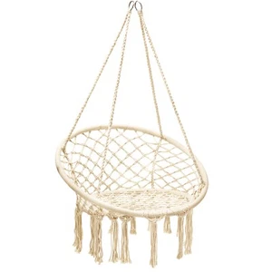 Hanging Hammock Chair Heavy-duty Macrame In/Outdoor Swing Handwoven Backrest - Picture 1 of 8