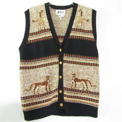 Vtg Joyce African Novelty Sweater Vest Size Large Cheetah Giraffe Brown Black - Image 1 of 4