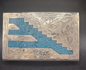 Vintage 50er Jahre Alpaka Silber 800 Türkis Gürtelschnalle exquisite Radierung Western - Bild 1 von 4