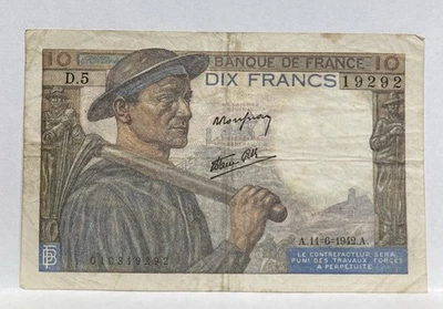 1942 Banque De France - 10 DIX FRANCS Currency P-8 world paper money 010319292 - Image 1 of 2