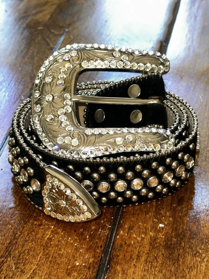 B.B. Cinturón de cuero Simon negro con pedrería transparente vaquera occidental talla L 38 Foto 1 de 4