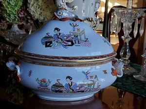 RARE & HTF Herend Ming Tureen Rare Blue Background Dolphin Knob Master Painted - Picture 1 of 11