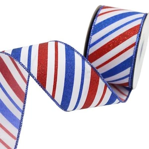 Patriotic Wired Ribbon 2.5" x 10 Yards Red Blue Glitter Stripes 4th July - Picture 1 of 9