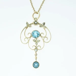 Antique 9ct Gold Blue Topaz and Pearl Pendant with chain - Picture 1 of 4
