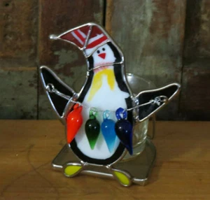 Stained Glass Penguin Holding Christmas Lights Tea Light Candle Holder - Picture 1 of 4