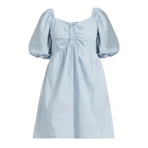 Eloquii Dress Women 20R puff sleev tie neck Chambray above knee Lt wash Blue LB2 - Picture 1 of 5